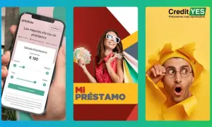 Calculadora de préstamos en móvil, mujer feliz con dinero y bolsas, y hombre sorprendido. ¡Tus younited opiniones importan para encontrar el mejor préstamo!