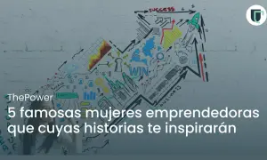 Mujeres emprendedoras famosas que inspiran. Un gráfico de flecha ascendente con dibujos de éxito, negocios y un cohete.