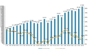 Gráfico muestra el crecimiento de empresas de venta online, con barras azules indicando volumen y línea naranja la variación interanual.