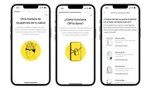 Tres pantallas de móvil que muestran la app BBVA y su función "Off to Save" para reducir el uso de redes sociales.