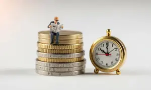 Hombrecito sentado en monedas lee periódico junto a un reloj. Una metáfora visual para invertir sin dinero, donde el tiempo es tu mayor activo.