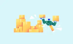 Figura animada organiza cajas amarillas, optimizando el control de inventarios.