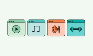 Cuatro ventanas de aplicaciones: video, música, arte y ejercicio. Representan la diversidad de productos digitales disponibles.