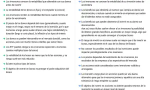 Tabla comparativa: bonos vs. acciones. Explica cómo funcionan los bonos, su rentabilidad fija y menor riesgo, frente a la volatilidad y mayor potencial de las acciones.