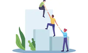 Personas colaborando para subir escalones, una metáfora visual de cómo escalar un negocio con apoyo mutuo.