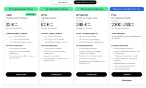 Planes de servicios de comercio electrónico: Basic, Grow, Advanced y Plus, con precios y características detalladas para cada uno.