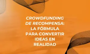 Crowdfunding de recompensa: la fórmula para convertir ideas en realidad. Ondas abstractas sobre fondo naranja.