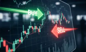 Gráfico bursátil con flechas verdes "BUY" y rojas "SELL", mostrando cuándo vender acciones y cuándo comprar.