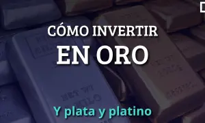 Barras de plata y oro apiladas. El texto dice "CÓMO INVERTIR EN ORO Y PLATA Y PLATINO", una guía sobre como comprar oro en bolsa.
