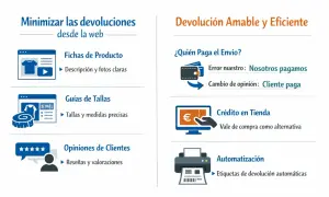 Infografía sobre cómo minimizar devoluciones: fichas de producto, guías de tallas, opiniones de clientes, quién paga el envío, crédito en tienda y automatización. El stock de productos se gestiona eficientemente.
