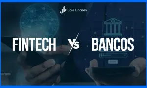 Fintech vs. Bancos: una comparativa visual. La imagen muestra un mundo digitalizado con Bitcoin y un banco tradicional, representando la evolución de los servicios financieros.