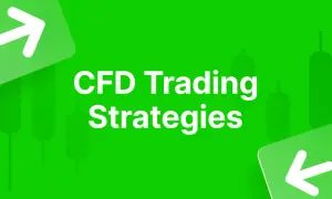 Estrategias para operar en CFDs. Gráfico de velas y flechas indicando dirección.