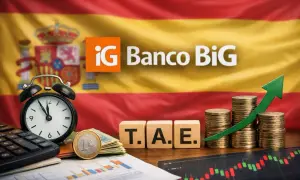Monedas y gráfico de crecimiento con el logo de iG Banco BiG y la bandera de España. Opiniones sobre el banco.