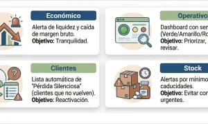 Diagrama de gestión de inventarios: económico, operativo, clientes y stock. Alertas de liquidez, dashboard, clientes inactivos y stock bajo.