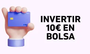 Mano sosteniendo tarjeta azul. Texto: INVERTIR 10€ EN BOLSA. Empieza a invertir hoy.