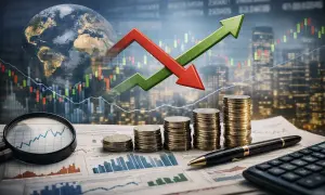 Gráficos financieros, monedas y un globo terráqueo simbolizan las bolsas mundiales y la inversión global.