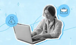 Médica joven en su laptop, buscando inversores privados para su proyecto. Símbolos de dinero y maletín flotan a su alrededor.