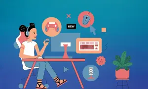 Ilustración de una persona comprando online con tarjeta de crédito, rodeada de iconos de gaming y comercio electrónico.