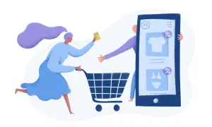 Ilustración de cómo funciona una tienda online: una mujer con un carrito de compras y una tarjeta, frente a una pantalla de móvil con productos.