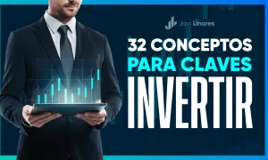 Hombre de negocios con tablet que muestra gráficos. Título: "32 conceptos clave para invertir". Aprende cómo conseguir inversores.