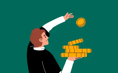 Persona con una pila de monedas en la mano, lanzando una moneda al aire. Representa la inversión y las split acciones.