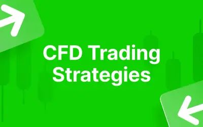 Estrategias para operar en CFDs. Gráfico de velas y flechas indicando dirección.