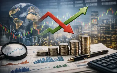 Gráficos financieros, monedas y un globo terráqueo simbolizan las bolsas mundiales y la inversión global.