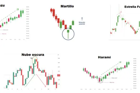 Gráficos de velas japonesas: Marubozu, Martillo, Estrella Fugaz, Nube Oscura y Harami. Aprende como leer velas japonesas para invertir.