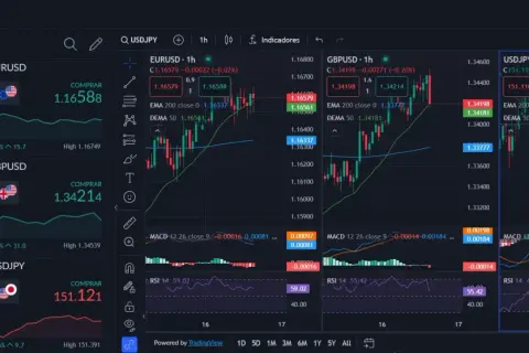 Gráficos de divisas EURUSD, GBPUSD y USDJPY. Indicadores técnicos como MACD y RSI sugieren estrategias de master trading.
