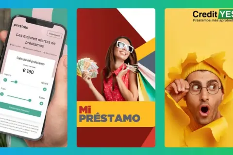 Calculadora de préstamos en móvil, mujer feliz con dinero y bolsas, y hombre sorprendido. ¡Tus younited opiniones importan para encontrar el mejor préstamo!