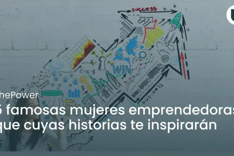 Mujeres emprendedoras famosas que inspiran. Un gráfico de flecha ascendente con dibujos de éxito, negocios y un cohete.