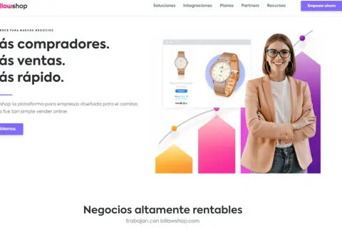 Plataforma para aprender como hacer una tienda online. Muestra un reloj, una mujer sonriendo y gráficos de crecimiento.