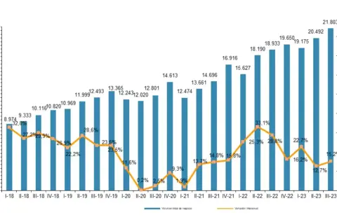 Gráfico muestra el crecimiento de empresas de venta online, con barras azules indicando volumen y línea naranja la variación interanual.