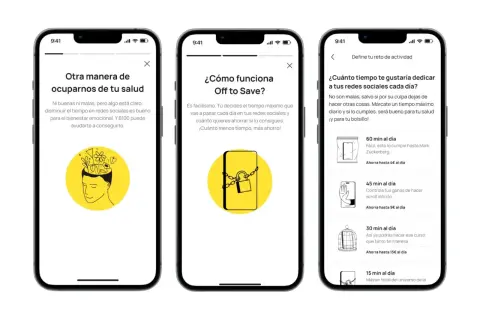 Tres pantallas de móvil que muestran la app BBVA y su función "Off to Save" para reducir el uso de redes sociales.