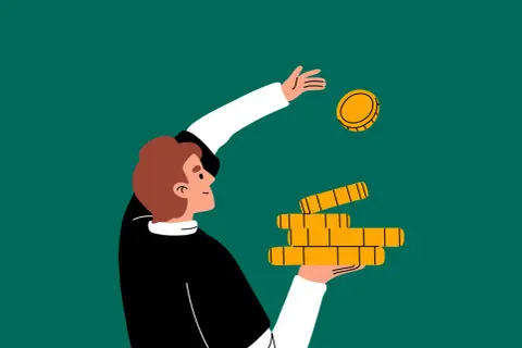 Persona con una pila de monedas en la mano, lanzando una moneda al aire. Representa la inversión y las split acciones.