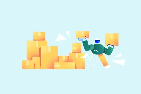 Figura animada organiza cajas amarillas, optimizando el control de inventarios.