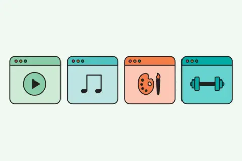 Cuatro ventanas de aplicaciones: video, música, arte y ejercicio. Representan la diversidad de productos digitales disponibles.