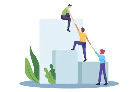 Personas colaborando para subir escalones, una metáfora visual de cómo escalar un negocio con apoyo mutuo.