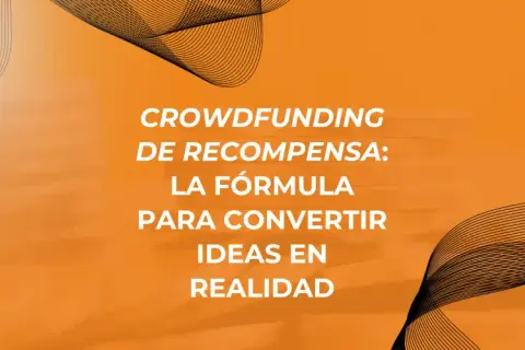 Crowdfunding de recompensa: la fórmula para convertir ideas en realidad. Ondas abstractas sobre fondo naranja.