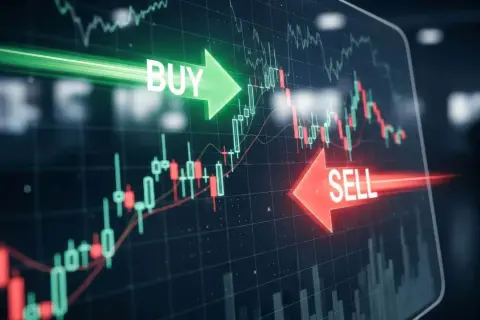 Gráfico bursátil con flechas verdes "BUY" y rojas "SELL", mostrando cuándo vender acciones y cuándo comprar.