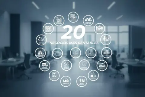 Diagrama de 20 negocios más rentables, incluyendo finanzas, tecnología, inmobiliaria y energías renovables, para inspirar negocios millonarios.