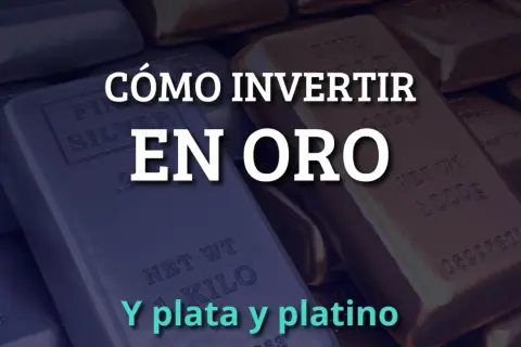 Barras de plata y oro apiladas. El texto dice "CÓMO INVERTIR EN ORO Y PLATA Y PLATINO", una guía sobre como comprar oro en bolsa.