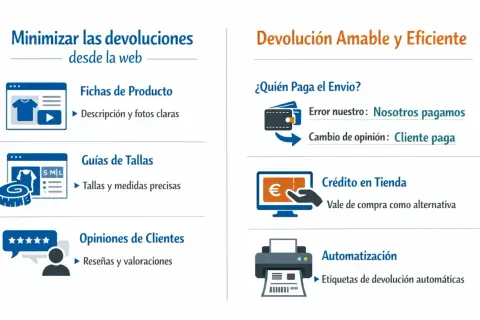 Infografía sobre cómo minimizar devoluciones: fichas de producto, guías de tallas, opiniones de clientes, quién paga el envío, crédito en tienda y automatización. El stock de productos se gestiona eficientemente.