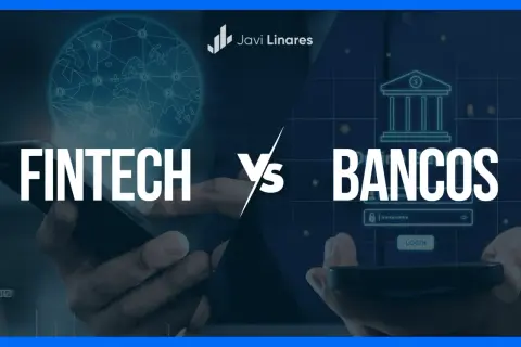 Fintech vs. Bancos: una comparativa visual. La imagen muestra un mundo digitalizado con Bitcoin y un banco tradicional, representando la evolución de los servicios financieros.