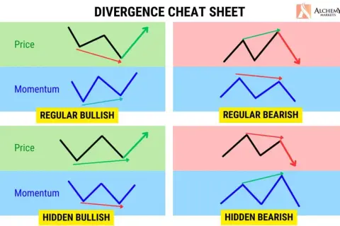 Hoja de trucos sobre divergencias RSI: muestra cómo el precio y el momentum difieren en patrones alcistas y bajistas regulares y ocultos.