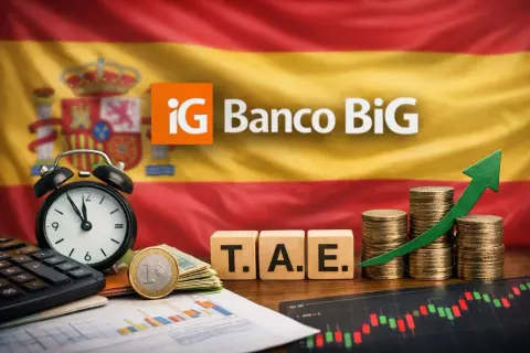 Monedas y gráfico de crecimiento con el logo de iG Banco BiG y la bandera de España. Opiniones sobre el banco.