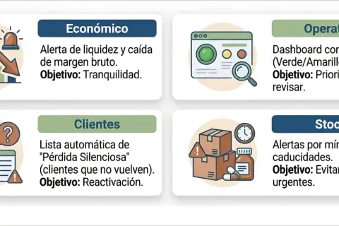 Diagrama de gestión de inventarios: económico, operativo, clientes y stock. Alertas de liquidez, dashboard, clientes inactivos y stock bajo.
