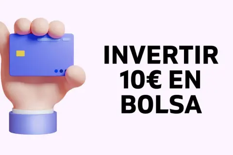 Mano sosteniendo tarjeta azul. Texto: INVERTIR 10€ EN BOLSA. Empieza a invertir hoy.