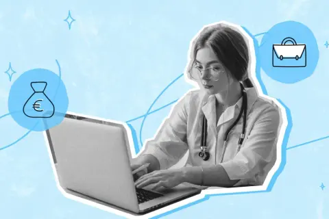Médica joven en su laptop, buscando inversores privados para su proyecto. Símbolos de dinero y maletín flotan a su alrededor.