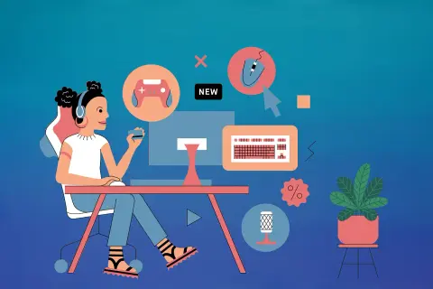 Ilustración de una persona comprando online con tarjeta de crédito, rodeada de iconos de gaming y comercio electrónico.